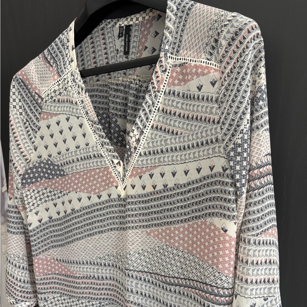 Maurices Geometric V-Neck Blouse - Pink, Gray, White - Picture 2 of 4